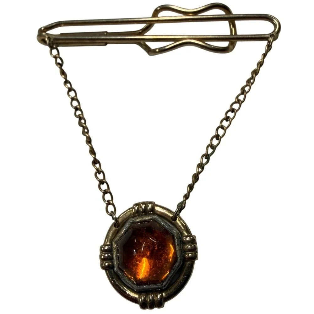 Vintage Gold Tone Tie Clip Amber Glass Octagon Stone Chain Slide Bar Accessory